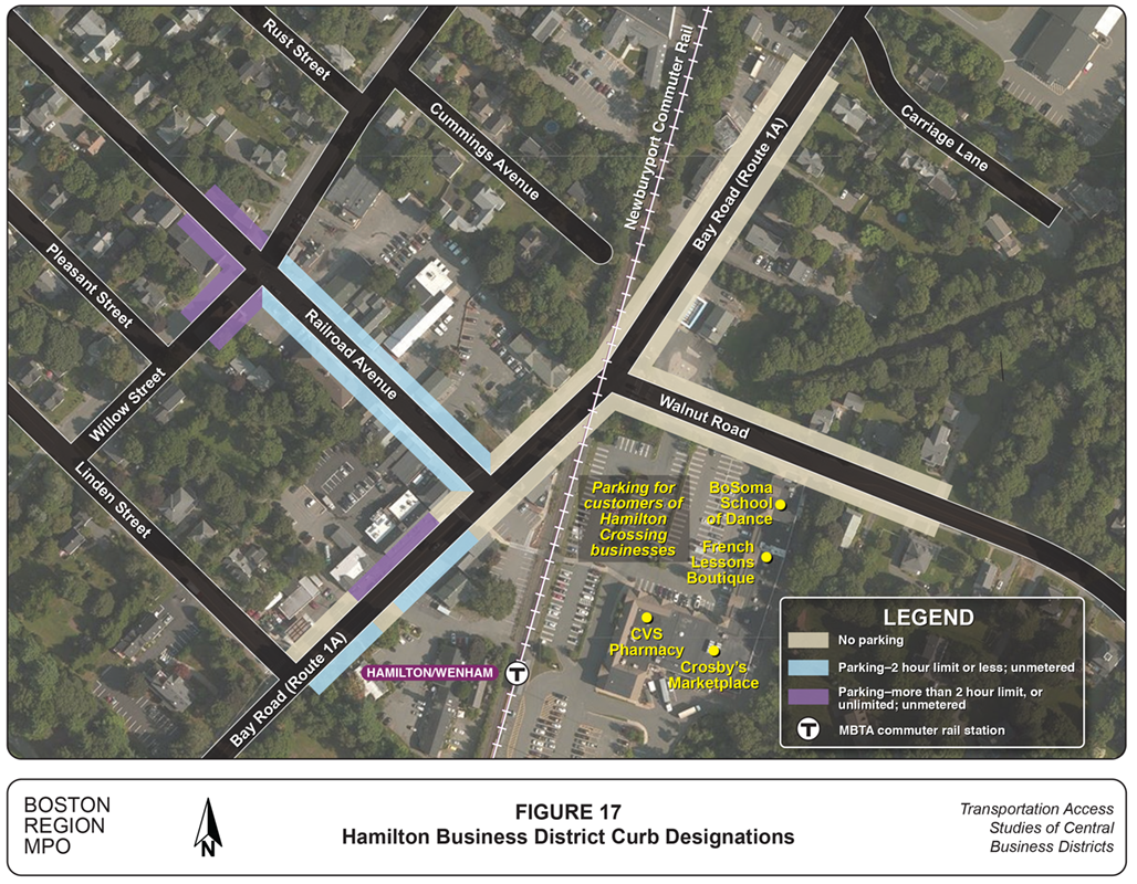 Hamilton Business District Curb Designations
This figure is a map showing the curb lane designations in the Hamilton central business district, and the businesses where customer surveying was conducted.
